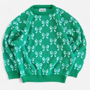 Vintage Galaxie Green Acylic Knit All-Over Bow Design 80s Sweater